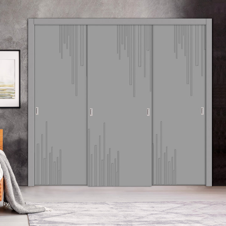 3 Leaf Bypass Sliding Closet Door with Modern Engraved Design & Hardware Kit 3SCD- 0132 - DoorDiscounter