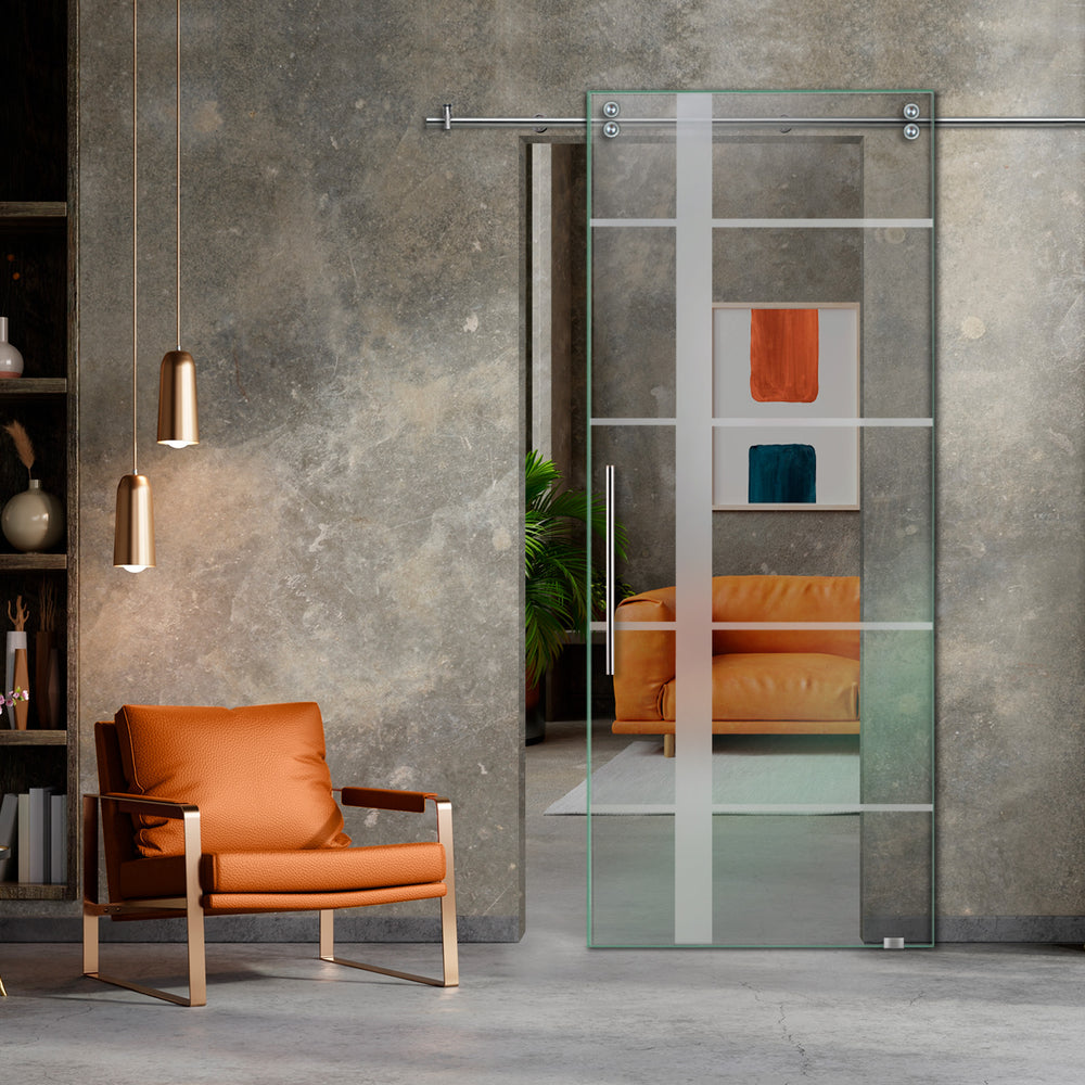 SLIDING GLASS BARN DOOR WITH FROSTED DESIGNS V2000 SGF1 - 0652 - DoorDiscounter