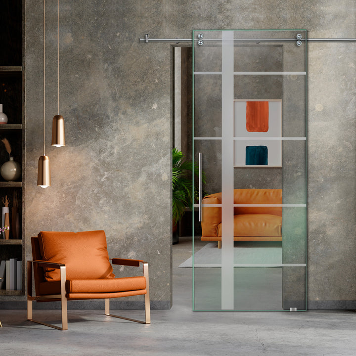SLIDING GLASS BARN DOOR WITH FROSTED DESIGNS V2000 SGF1 - 0652 - DoorDiscounter