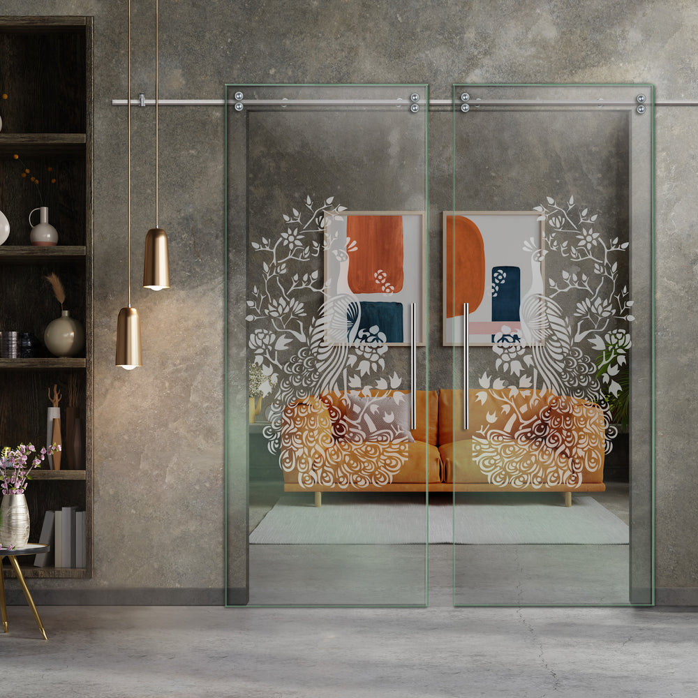 Double Sliding Glass Barn Door With Frosted Designs V2000 Sgf2 - 0763 - DoorDiscounter