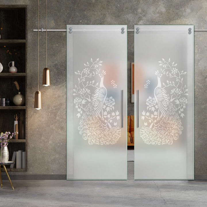 Double Sliding Glass Barn Door With Frosted Designs V2000 Sgf2 - 0763 - DoorDiscounter