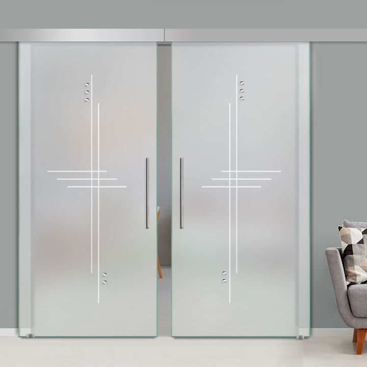 40" x 84" (Ready to Ship) Double Sliding Barn Glass Door with Faceted Stones | Full-Private | ++Liquidation Sale++ - DoorDiscounter