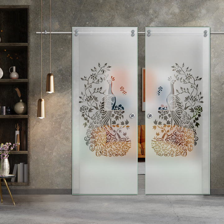 Double Sliding Glass Barn Door With Frosted Designs V2000 Sgf2 - 0763 - DoorDiscounter