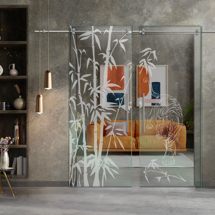 Double Sliding Glass Barn Door With Frosted Designs V2000 Sgf2 -0764 - DoorDiscounter