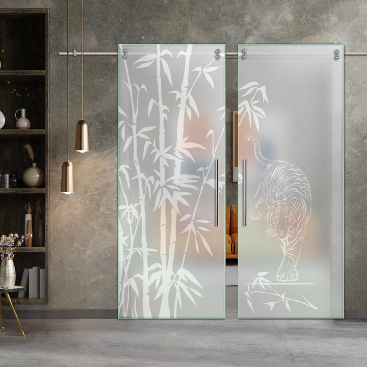 Double Sliding Glass Barn Door With Frosted Designs V2000 Sgf2 -0764 - DoorDiscounter