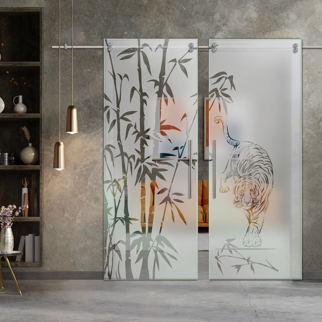 Double Sliding Glass Barn Door With Frosted Designs V2000 Sgf2 -0764 - DoorDiscounter