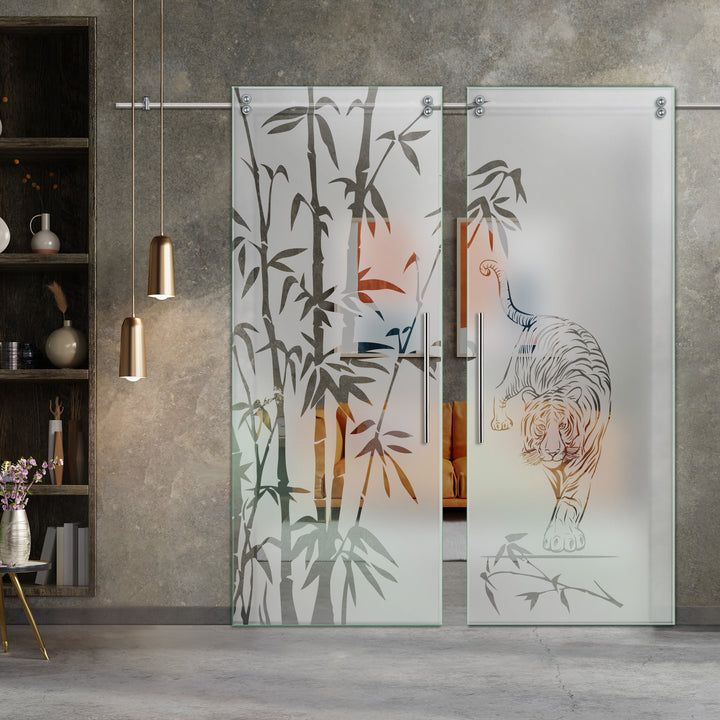 Double Sliding Glass Barn Door With Frosted Designs V2000 Sgf2 -0764 - DoorDiscounter