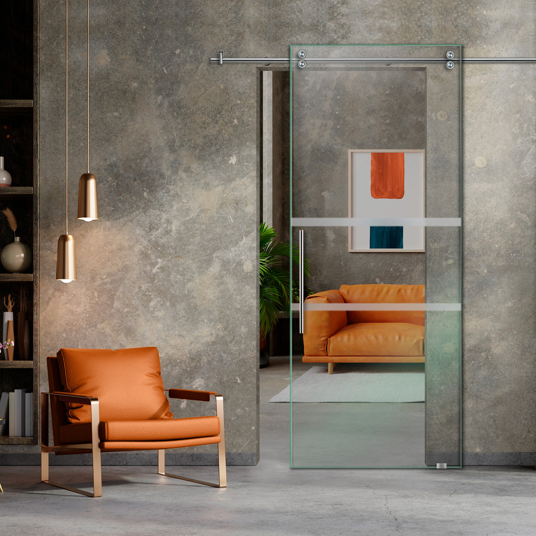 SLIDING GLASS BARN DOOR WITH FROSTED DESIGNS V2000 SGF1 - 0627 - DoorDiscounter