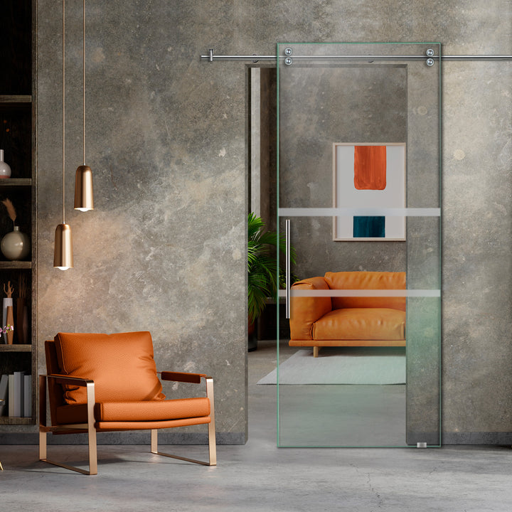 SLIDING GLASS BARN DOOR WITH FROSTED DESIGNS V2000 SGF1 - 0627 - DoorDiscounter