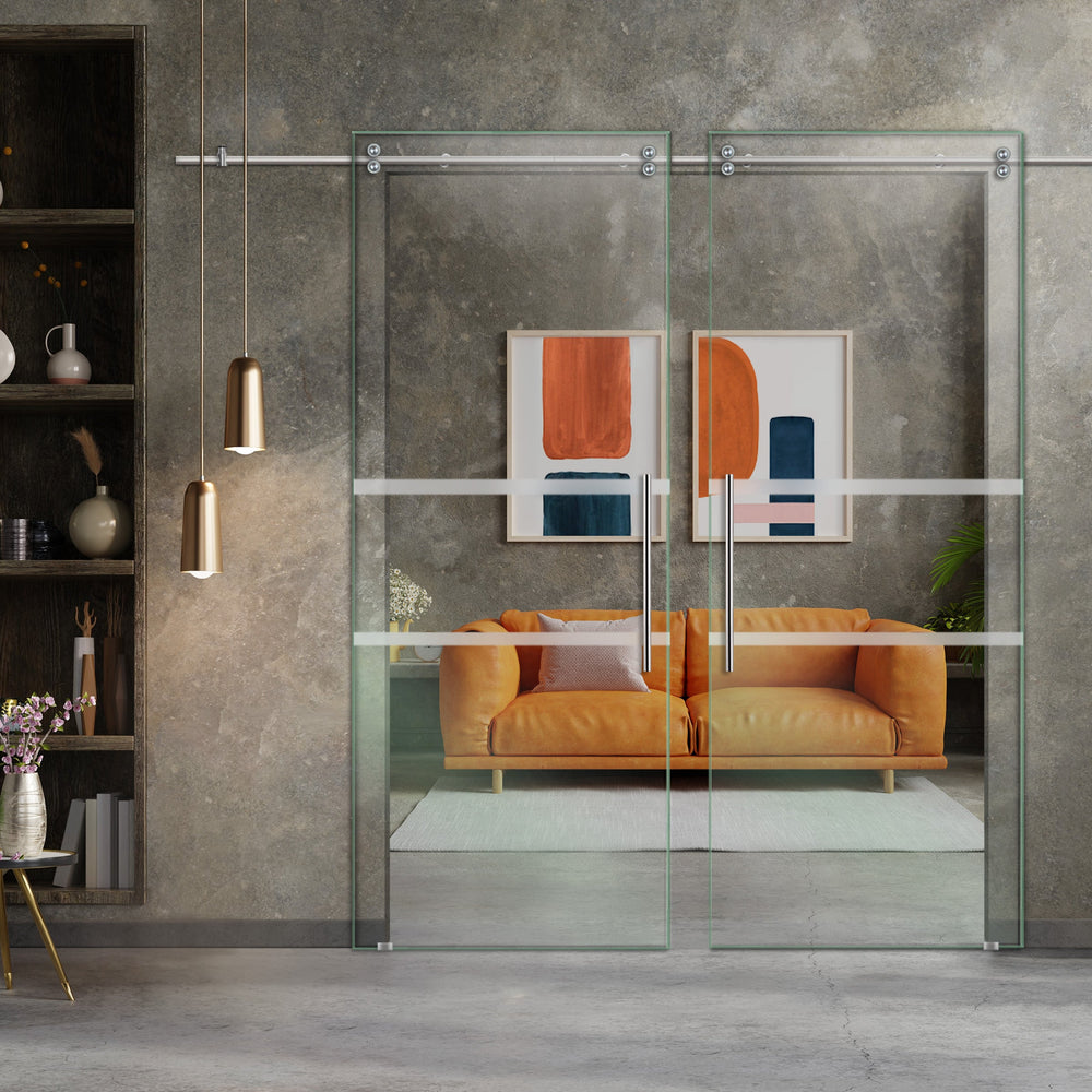 Double Sliding Glass Barn Door With Frosted Designs V2000 Sgf2 - 0835 - DoorDiscounter