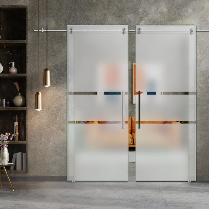 Double Sliding Glass Barn Door With Frosted Designs V2000 Sgf2 - 0835 - DoorDiscounter
