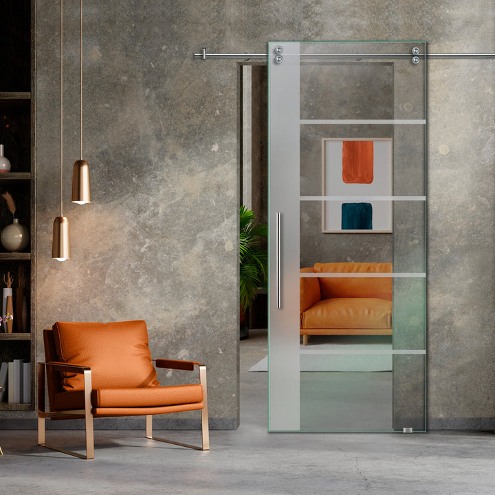 SLIDING GLASS BARN DOOR WITH FROSTED DESIGNS V2000 SGF1 - 0655 - DoorDiscounter