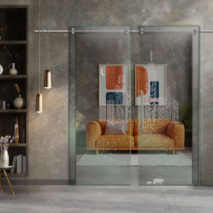 Double Sliding Glass Barn Door With Frosted Designs V2000 Sgf2 - 0765 - DoorDiscounter