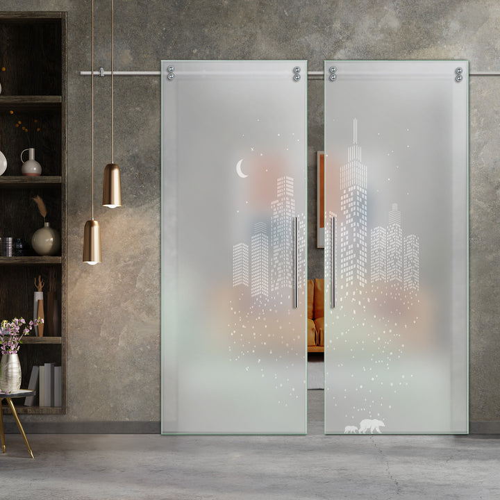 Double Sliding Glass Barn Door With Frosted Designs V2000 Sgf2 - 0765 - DoorDiscounter