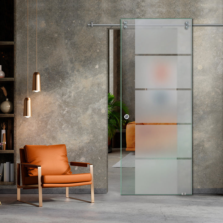 SLIDING GLASS BARN DOOR WITH FROSTED DESIGNS V2000 SGF1 - 0655 - DoorDiscounter