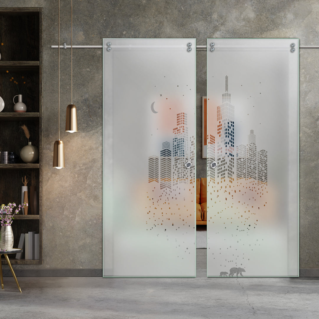 Double Sliding Glass Barn Door With Frosted Designs V2000 Sgf2 - 0765 - DoorDiscounter