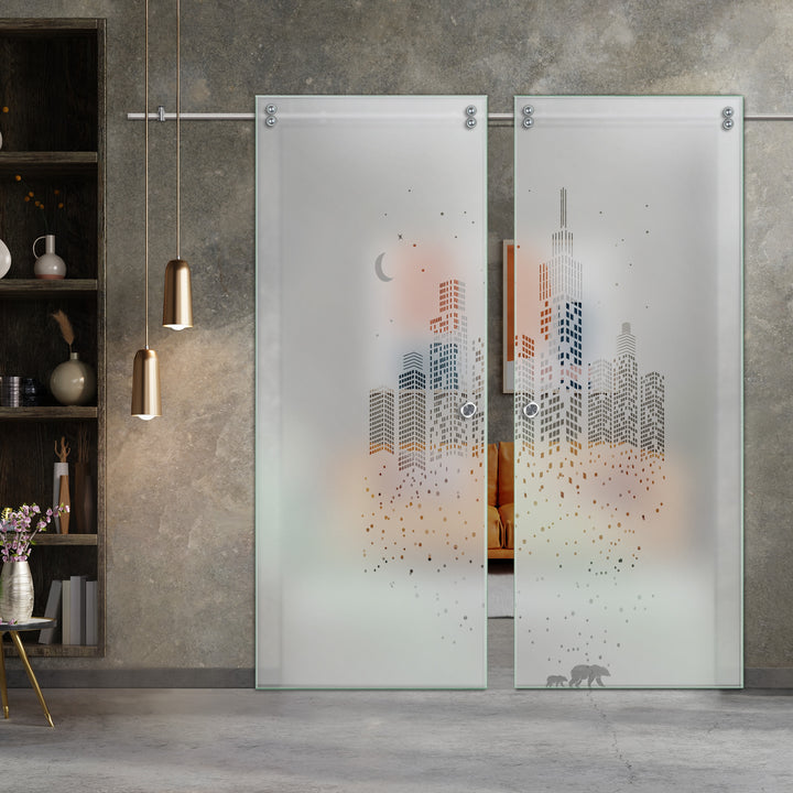 Double Sliding Glass Barn Door With Frosted Designs V2000 Sgf2 - 0765 - DoorDiscounter