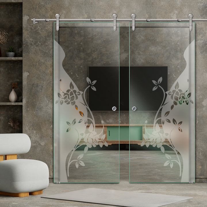 DOUBLE GLASS SLIDING BARN DOOR WITH DESIGN V1000 DSBD - 1685 - DoorDiscounter