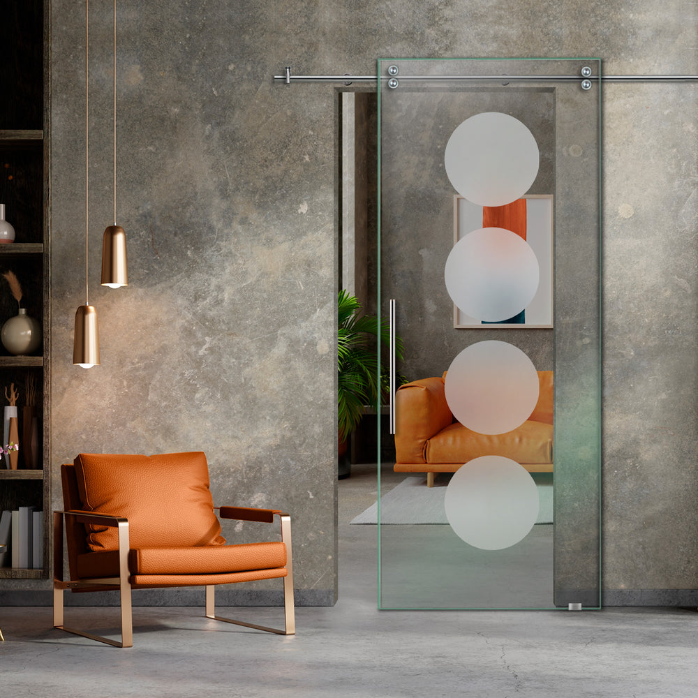 SLIDING GLASS BARN DOOR WITH FROSTED DESIGNS V2000 SGF1 - 0656 - DoorDiscounter