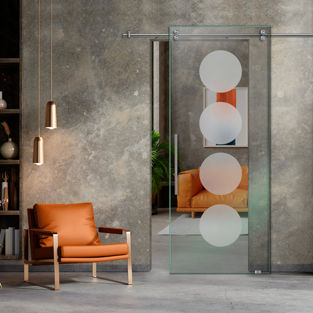 SLIDING GLASS BARN DOOR WITH FROSTED DESIGNS V2000 SGF1 - 0656 - DoorDiscounter