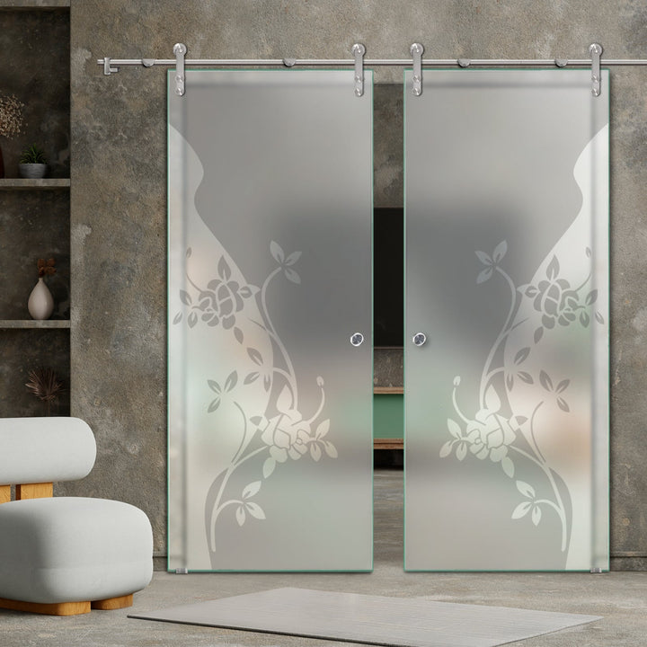DOUBLE GLASS SLIDING BARN DOOR WITH DESIGN V1000 DSBD - 1685 - DoorDiscounter