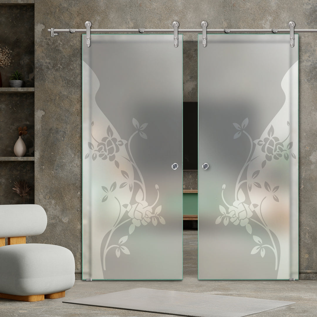 DOUBLE GLASS SLIDING BARN DOOR WITH DESIGN V1000 DSBD - 1685 - DoorDiscounter