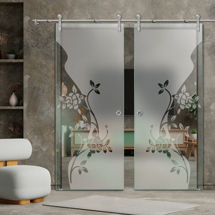 DOUBLE GLASS SLIDING BARN DOOR WITH DESIGN V1000 DSBD - 1685 - DoorDiscounter