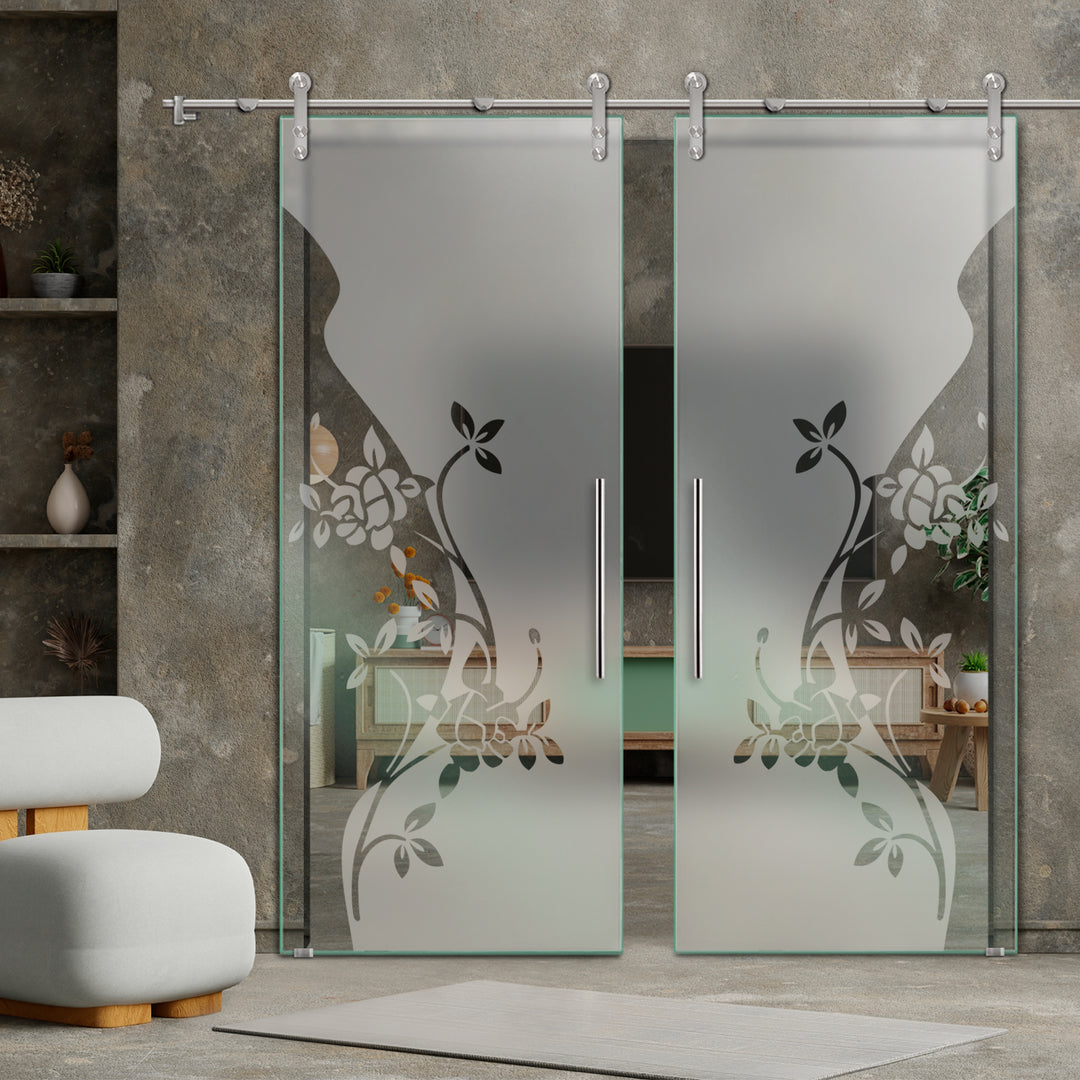 DOUBLE GLASS SLIDING BARN DOOR WITH DESIGN V1000 DSBD - 1685 - DoorDiscounter