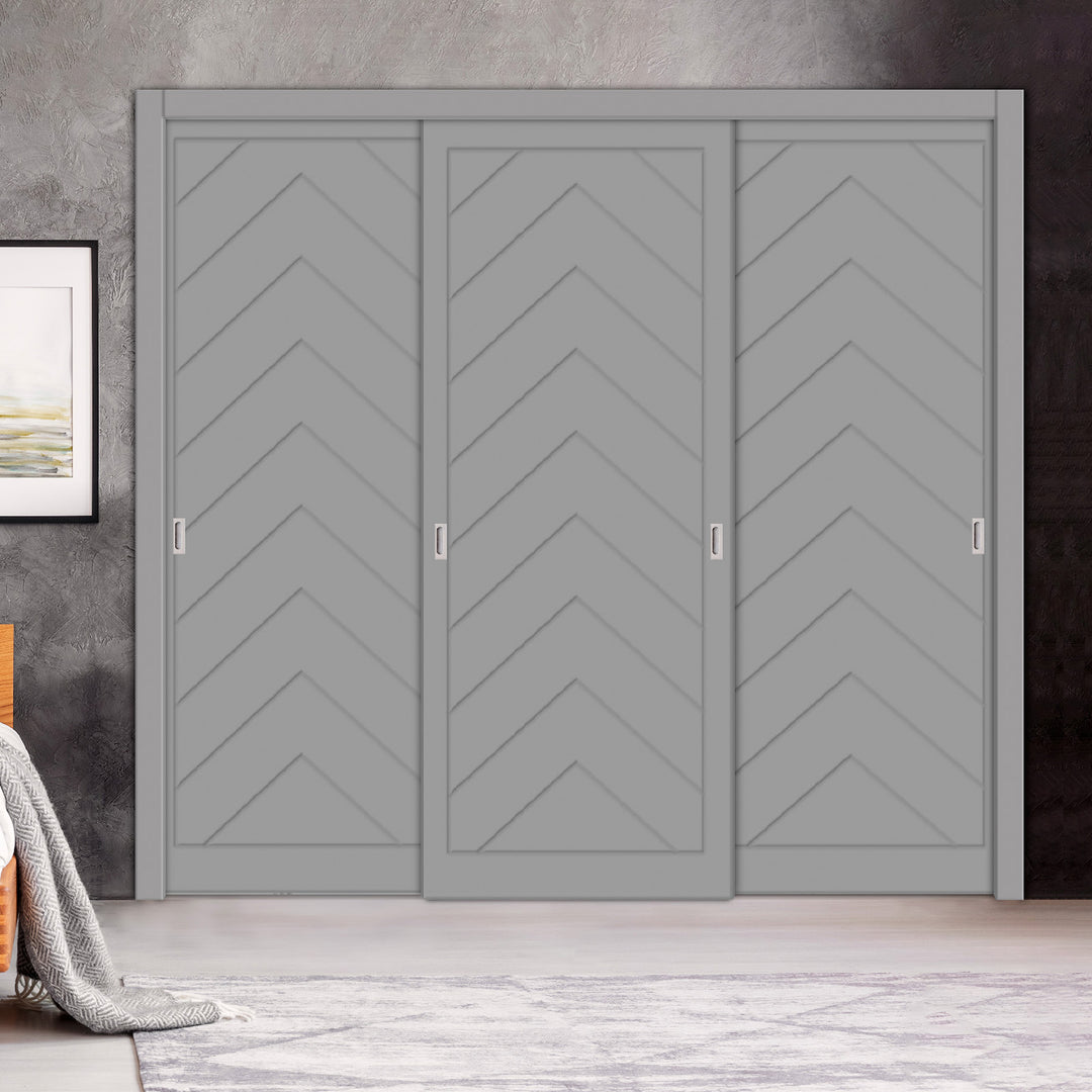 3 Leaf Bypass Sliding Closet Door with Modern Engraved Design & Hardware Kit 3SCD- 0137 - DoorDiscounter