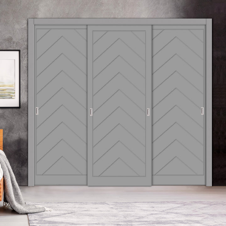 3 Leaf Bypass Sliding Closet Door with Modern Engraved Design & Hardware Kit 3SCD- 0137 - DoorDiscounter