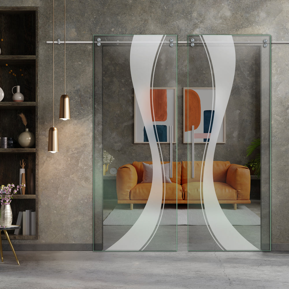 Double Sliding Glass Barn Door With Frosted Designs V2000 Sgf2 - 0767 - DoorDiscounter