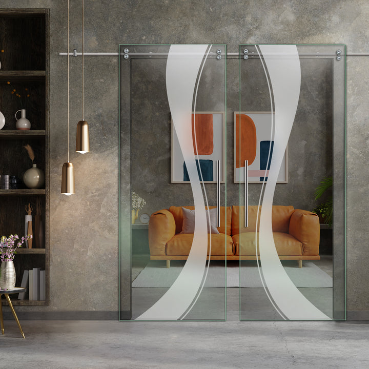 Double Sliding Glass Barn Door With Frosted Designs V2000 Sgf2 - 0767 - DoorDiscounter