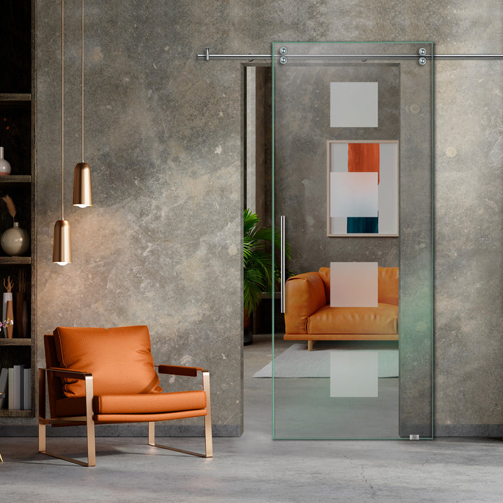 SLIDING GLASS BARN DOOR WITH FROSTED DESIGNS V2000 SGF1 - 0657 - DoorDiscounter