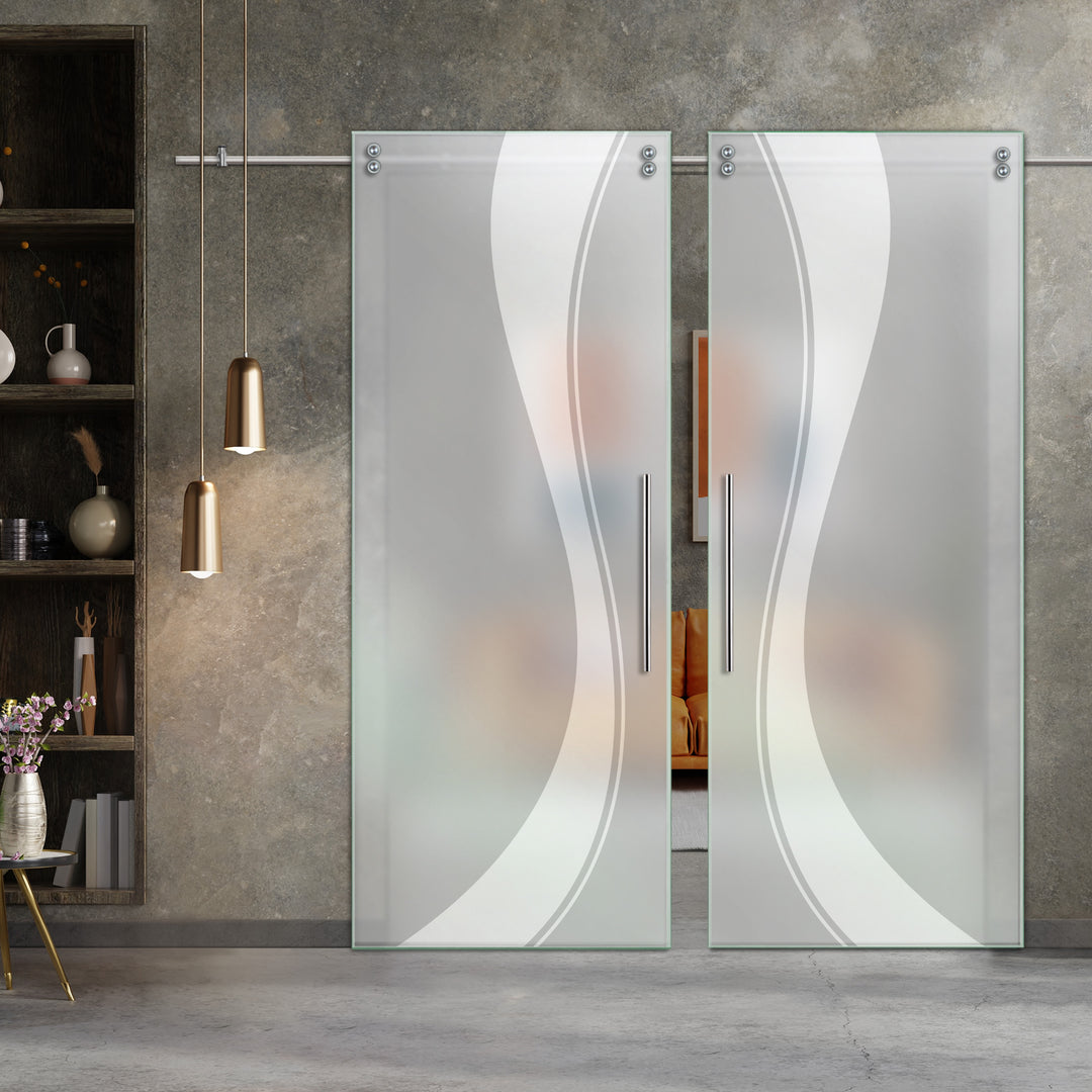 Double Sliding Glass Barn Door With Frosted Designs V2000 Sgf2 - 0767 - DoorDiscounter