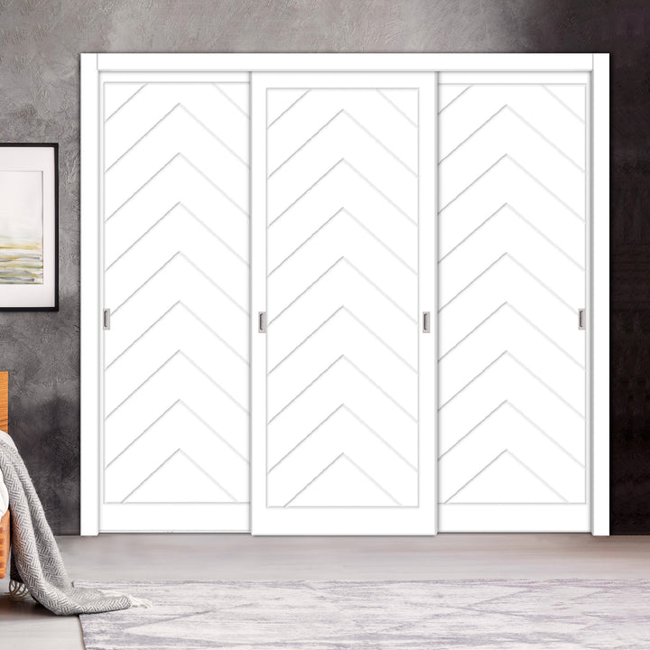 3 Leaf Bypass Sliding Closet Door with Modern Engraved Design & Hardware Kit 3SCD- 0137 - DoorDiscounter