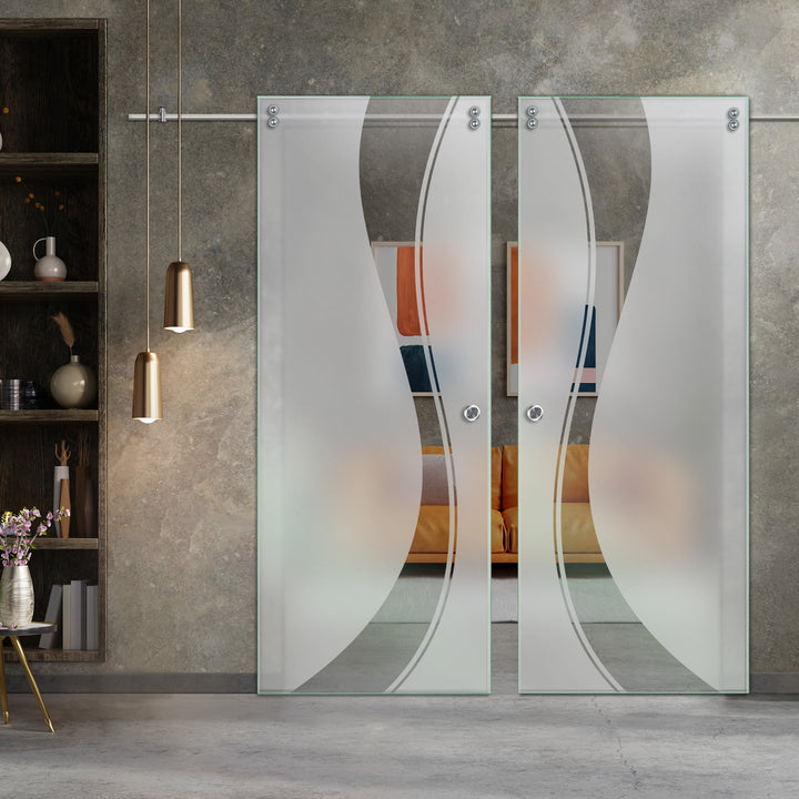 Double Sliding Glass Barn Door With Frosted Designs V2000 Sgf2 - 0767 - DoorDiscounter