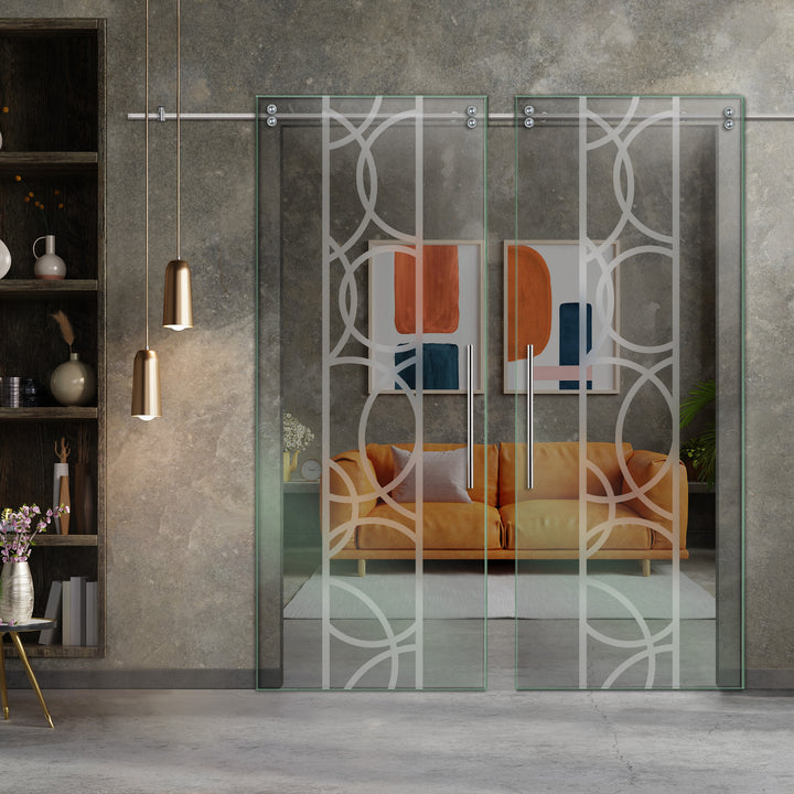 Double Sliding Glass Barn Door With Frosted Designs V2000 Sgf2 - 0768 - DoorDiscounter