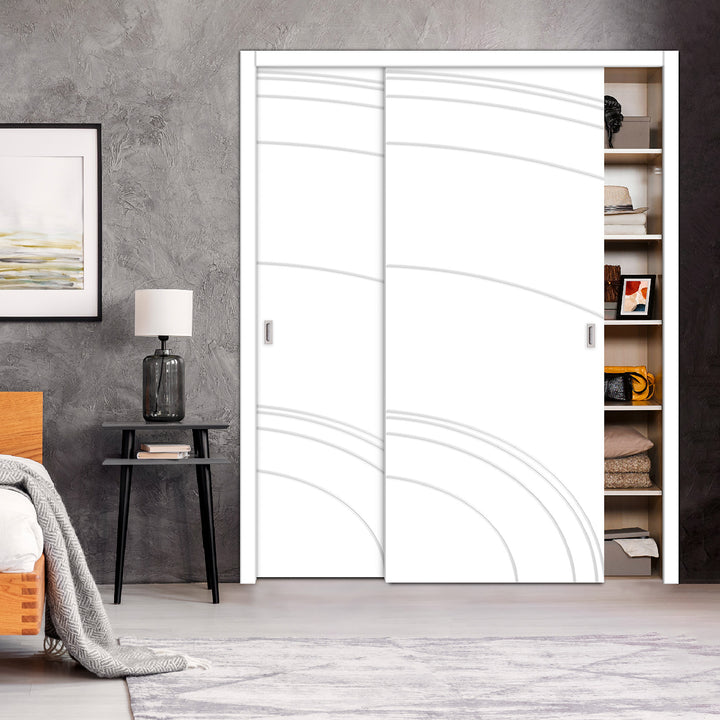 2 Leaf Bypass Sliding Closet Door with Modern Engraved Design & Hardware Kit 2SCD -0032 - DoorDiscounter
