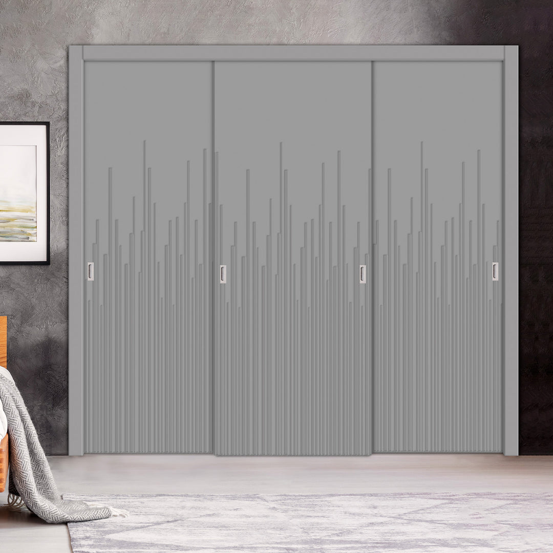 3 Leaf Bypass Sliding Closet Door with Modern Engraved Design & Hardware Kit 3SCD- 0139 - DoorDiscounter