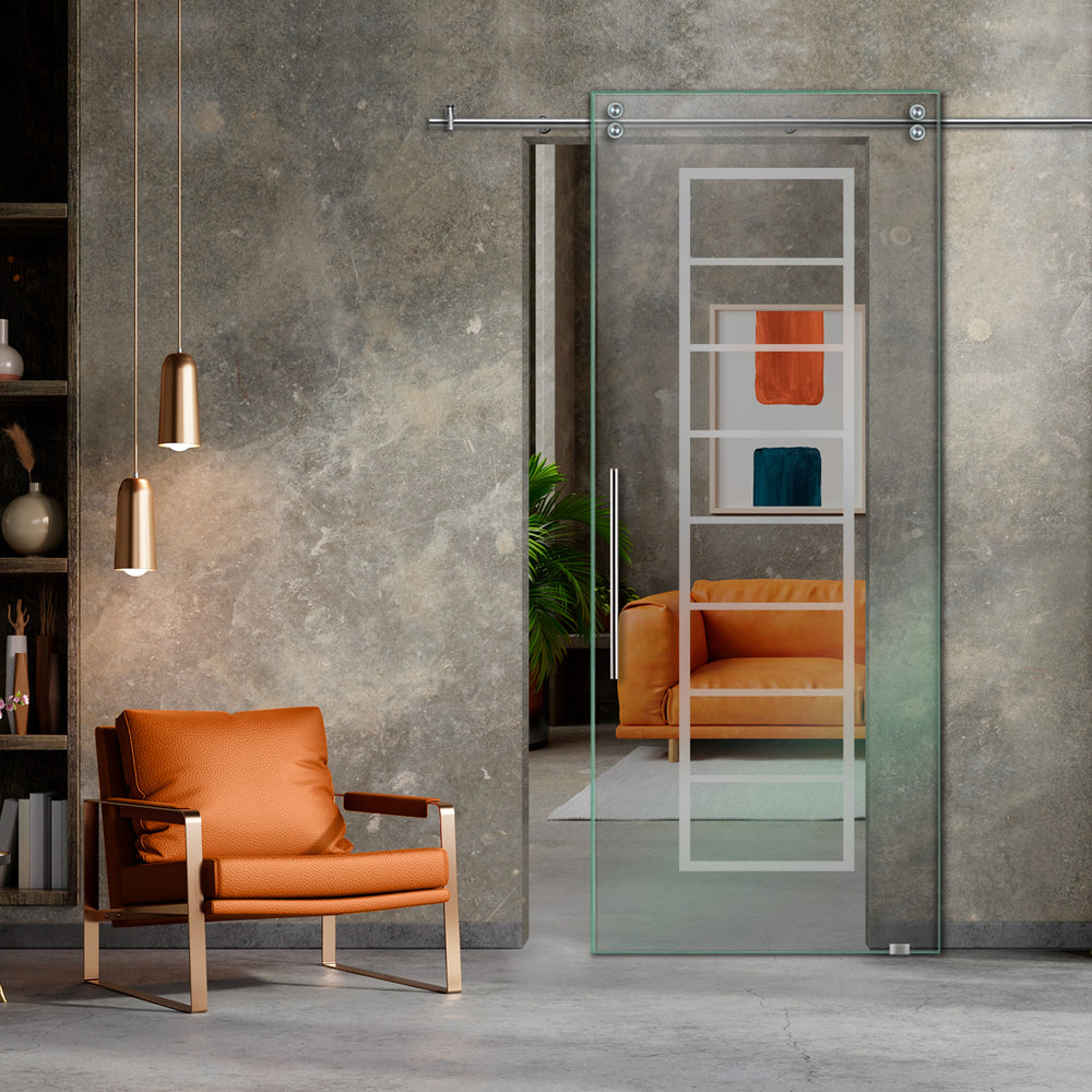 SLIDING GLASS BARN DOOR WITH FROSTED DESIGNS V2000 SGF1 - 0659 - DoorDiscounter