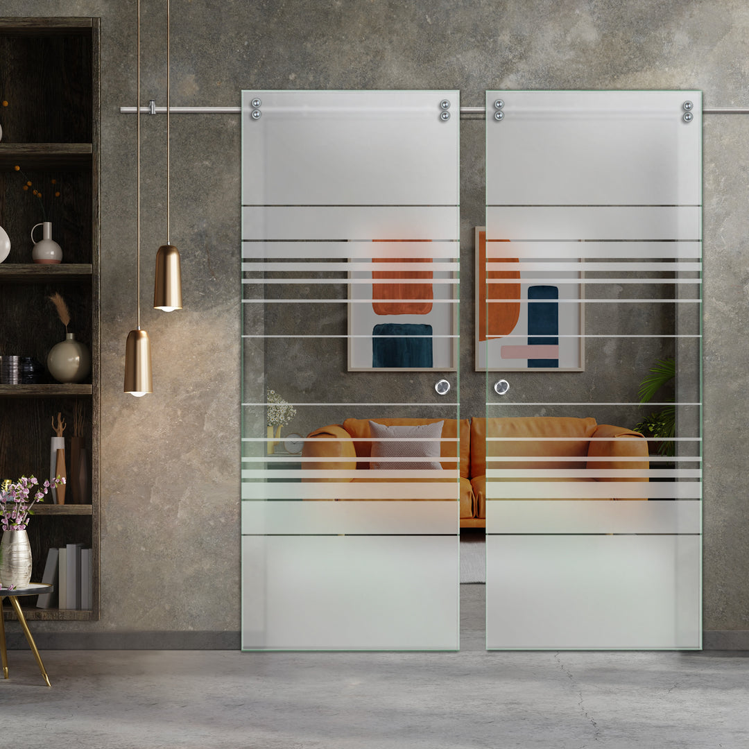 Double Sliding Glass Barn Door With Frosted Designs V2000 Sgf2 - 0769 - DoorDiscounter