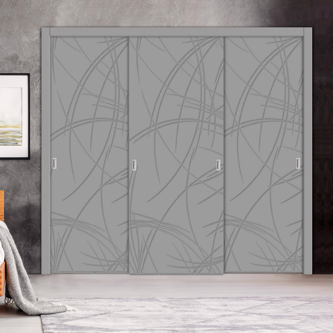 3 Leaf Bypass Sliding Closet Door with Modern Engraved Design & Hardware Kit 3SCD- 0140 - DoorDiscounter