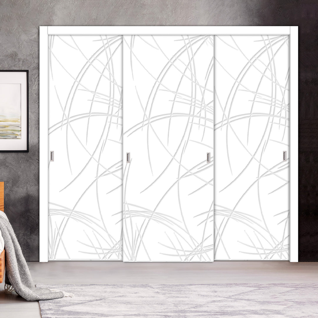 3 Leaf Bypass Sliding Closet Door with Modern Engraved Design & Hardware Kit 3SCD- 0140 - DoorDiscounter