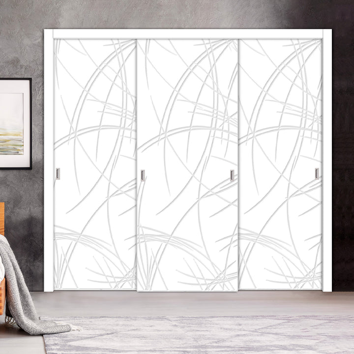 3 Leaf Bypass Sliding Closet Door with Modern Engraved Design & Hardware Kit 3SCD- 0140 - DoorDiscounter