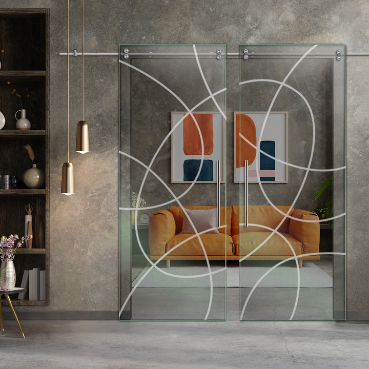 Double Sliding Glass Barn Door With Frosted Designs V2000 Sgf2 -0771 - DoorDiscounter