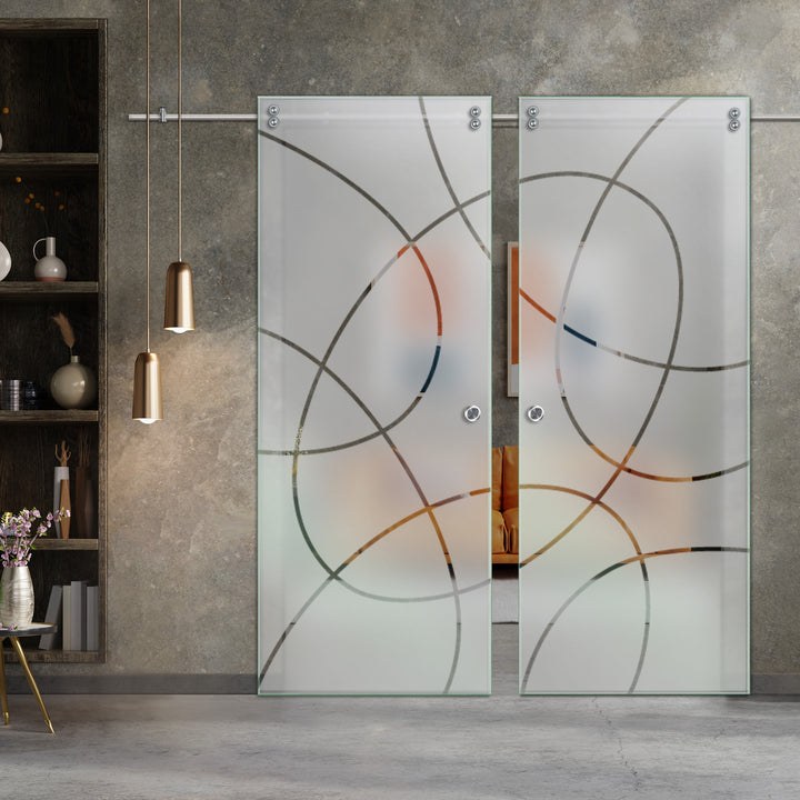 Double Sliding Glass Barn Door With Frosted Designs V2000 Sgf2 -0771 - DoorDiscounter