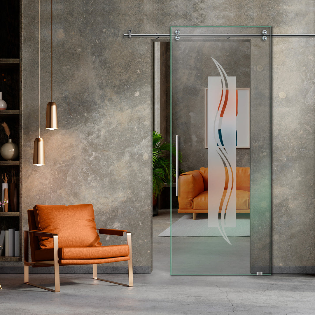 SLIDING GLASS BARN DOOR WITH FROSTED DESIGNS V2000 SGF1 - 0662 - DoorDiscounter