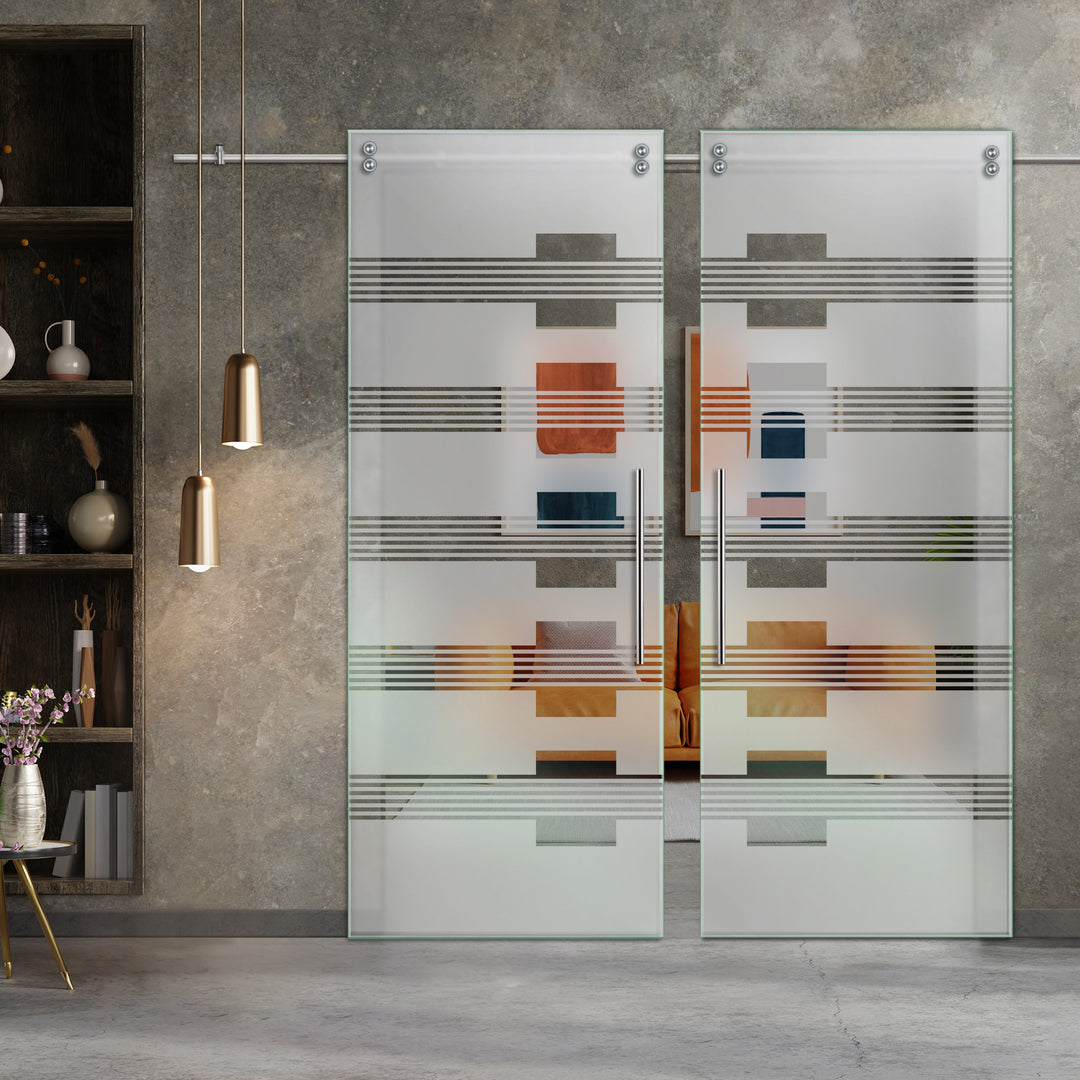 Double Sliding Glass Barn Door With Frosted Designs V2000 Sgf2 - 0772 - DoorDiscounter