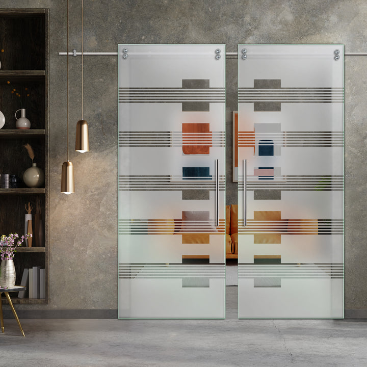 Double Sliding Glass Barn Door With Frosted Designs V2000 Sgf2 - 0772 - DoorDiscounter