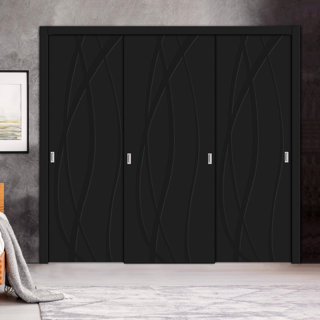 3 Leaf Bypass Sliding Closet Door with Modern Engraved Design & Hardware Kit 3SCD- 0143 - DoorDiscounter